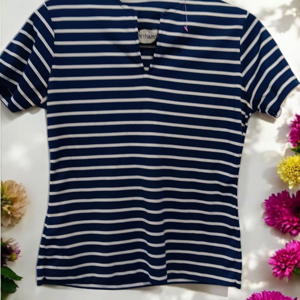 Vintage Mantessa Blue and White Fitted Polo T-Shirt